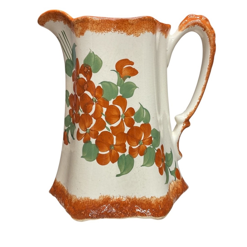 Vintage Cash Family Hand Painted American Pottery Brown Green Flower Pitcher OS